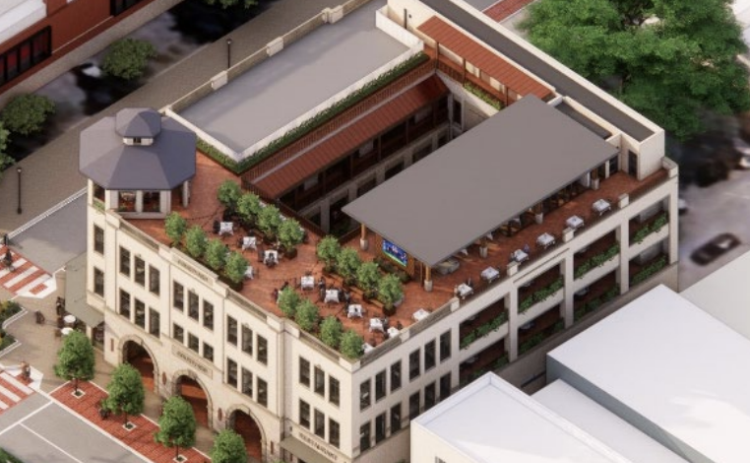 An overhead view of the buildings rendering shows a covered bar/restaurant area and uncovered outdoor seating. (Courtesy Overland Partners)