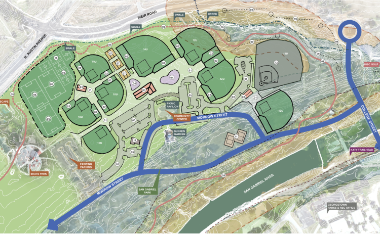 Georgetown is considering three different configurations for San Gabriel Park’s sports fields. This configuration would have the soccer fields closer to the skate park and existing parking. (Maps courtesy City of Georgetown