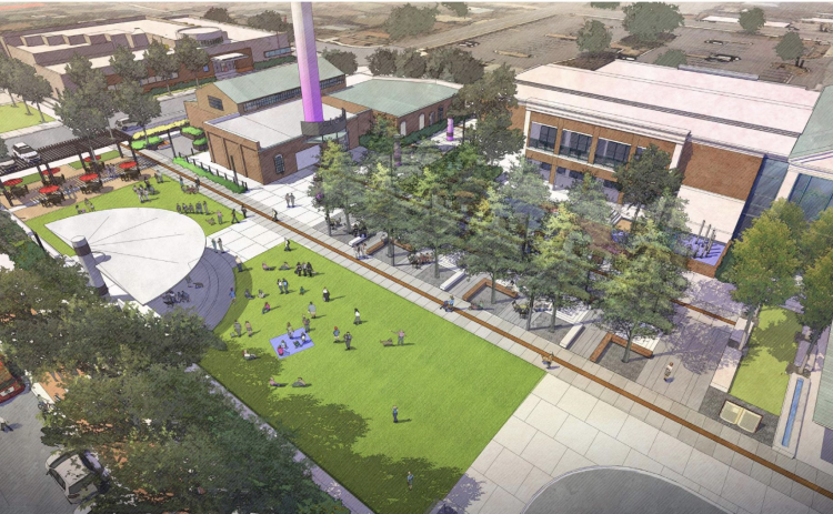 A rendering shows the new event space, with green space, a stage and seating next to the Georgetown Public Library. (Courtesy Covey Planning and Landscape Architecture)