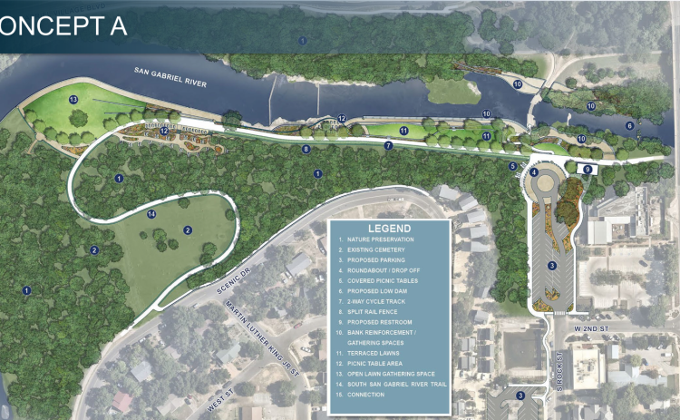 The first Blue Hole Park renovation concept moves the walking path around the cemetery and turns concrete areas into terraced lawns for residents to lay out or have picnics. (Courtesy Halff Associates)
