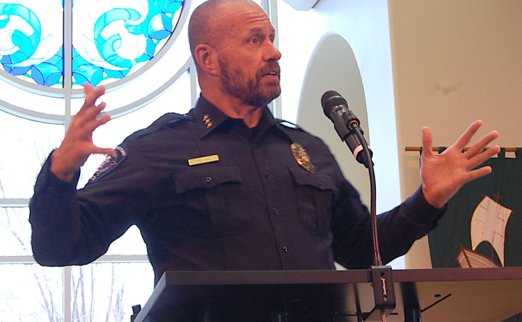 Georgetown Police Chief Cory Tchdia was welcomed as a guest speaker at the Georgetown Newcomers and Friends group at Wellspring United Methodist Church to talk about homelessness and mental health. (Photo by Kaitlyn Wilkes)