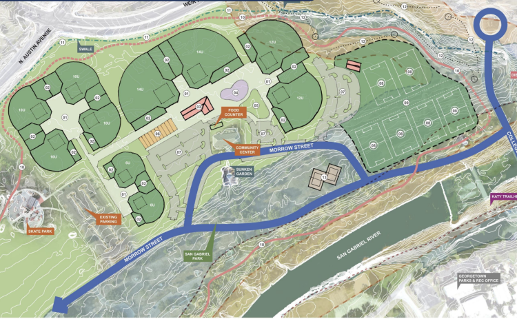 Option 1: In this plan, the soccer fields would be terraced to accommodate the flood zone they’re in because of their location near the San Gabriel River.