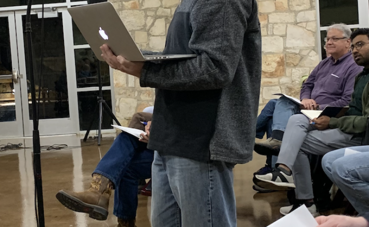 Georgetown resident Heath Cole voices concerns during a February 11 Texas Commission for Environmental Quality meeting about a Nova368, LLC wastewater package plant permit. (Photo by Kaitlyn Wilkes)