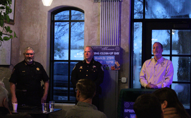 Williamson County Constable Kevin Wilkie, left, Florence Police Chief Wayne Thompson, center, and Mayor Ben Daniel, right, host a Meet the Mayor and Chat with the Chief meeting at Dwell Coffee House, March 6.  Photo by Nalani Nuylan.