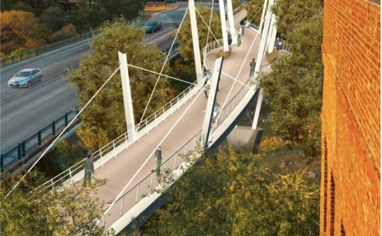This pedestrian bridge design by Miguel Rosales was approved last March by Georgetown City Council. It will be built alongside the Austin Avenue vehicular bridges. (Sun Archive)