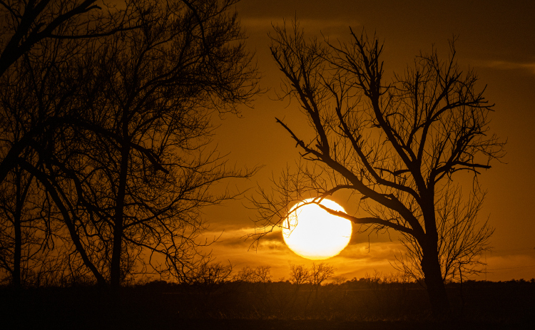 The sun begins to go down along County Road 382 east of Walburg on Wednesday, March 5, 2025.