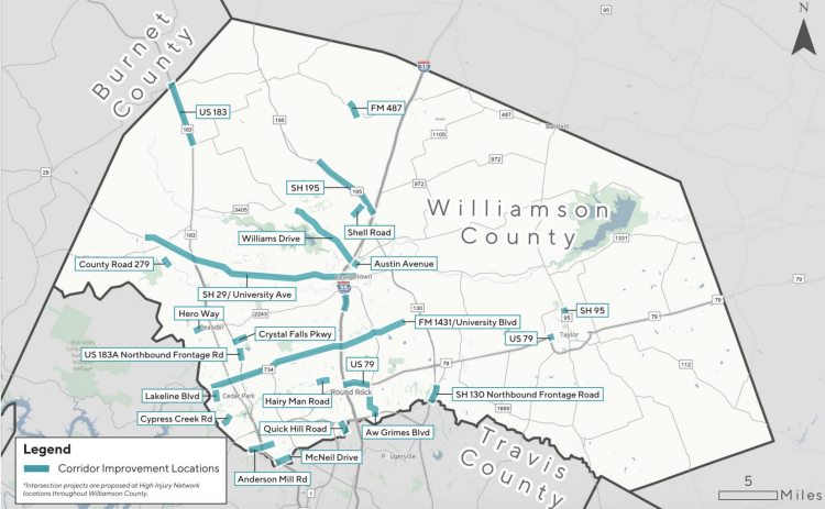 This map shows where road safety improvements could be made throughout the county based on crash data. (Courtesy Capital Area Metro Planning Organization)