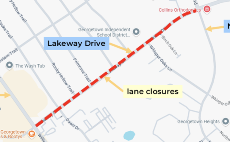 This map illustrates the closures that will be seen on Lakeway Drive throughout May. (Courtesy City of Georgetown)