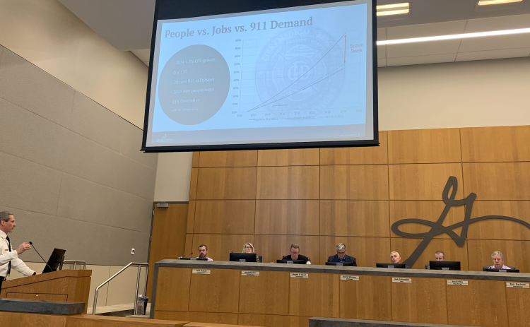 Fire Chief John Sullivan presents a public safety update to the city council during their February 28 meeting. (Photo by Kaitlyn Wilkes)
