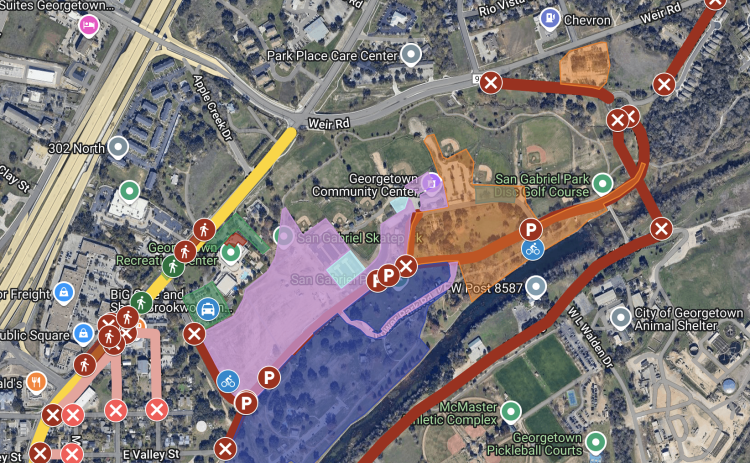 The City of Georgetown map shows Two Step Inn park and road closures as well as pedestrian crossings, bike parking and rideshare drop-off and pick-up. The festival takes place in San Gabriel Park. (Courtesy City of Georgetown)