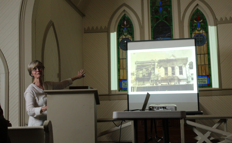 Linda Scarborough, co-owner and publisher of "The Williamson County Sun", passionately explained the history of the revitalization of the "Sun’s" office building at the Grace Heritage Center, April 22. Photo by Nalani Nuylan.