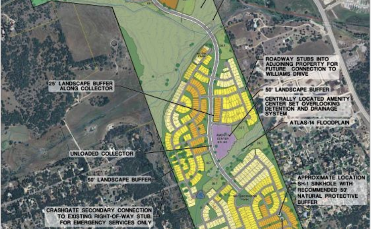 A map of Atkinson Ranch shows how the property is divided by a large floodplain. (Courtesy Del Webb)