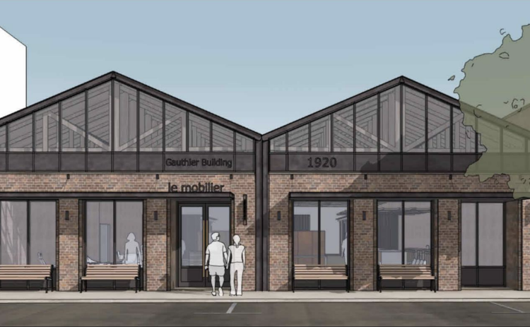 The proposed design by building owner Adam Starr would expose the building’s trusses and enclose them in glass. (Rendering courtesy of LRK)