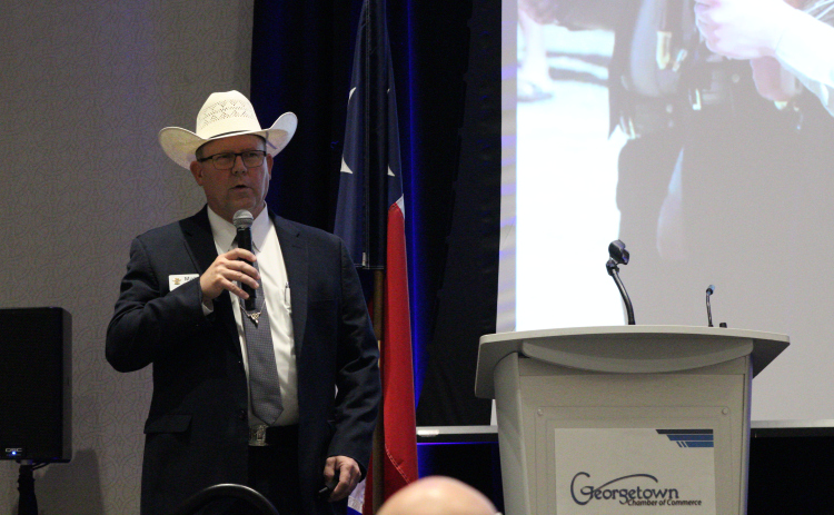 Williamson County Sheriff Matthew Lindemann lists how many deputies patrol Williamson County, durning the Georgetown Chamber of Commerce’s Cornerstone Series at the Sheraton Hotel on Thursday, May 1. Photo by Nalani Nuylan.