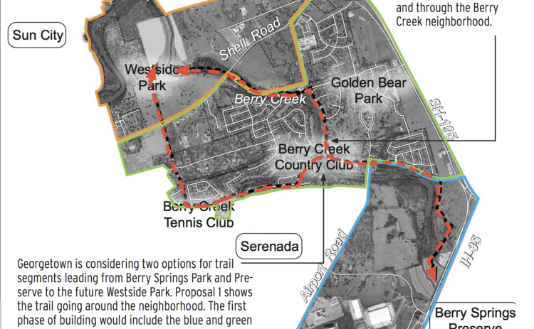 Georgetown is considering two options for trail segments leading from Berry Springs Park and Preserve to the future Westside Park. Proposal 1 shows the trail going around the neighborhood. The first phase of building would include the blue and green sections of the trail. Proposal 2 shows the trail running along the creek and through the Berry Creek neighborhood.