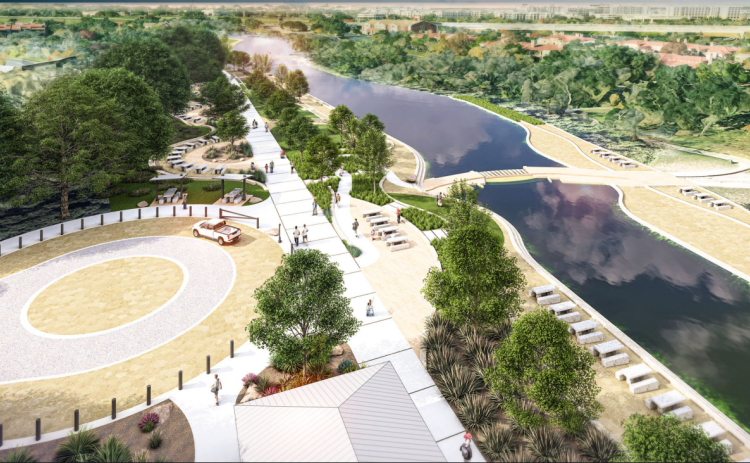 An overhead view of Blue Hole Park’s south shore shows a proposed roundabout and picnic tables along the San Gabriel River. Tables can also be seen on the north shore, which is connected by a low water crossing.