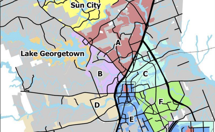 This map of the city labels the different service areas and their boundaries, which determines Transportation Impact Fee amounts. (Courtesy City of Georgetown)