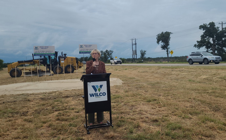County Commissioner Valarie Covey gives a speech about the State Highway 195 at Ronald Reagan Boulevard ramp project in northwest Georgetown, Monday morning. Photo by Nalani Nuylan.