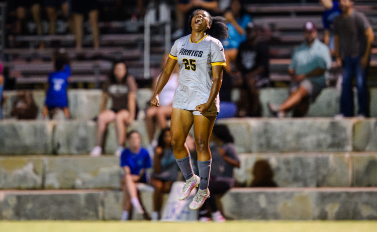 Southwestern’s Jackie Powell celebrates after she scored on Friday night. Photo courtesy Eduardo Moll