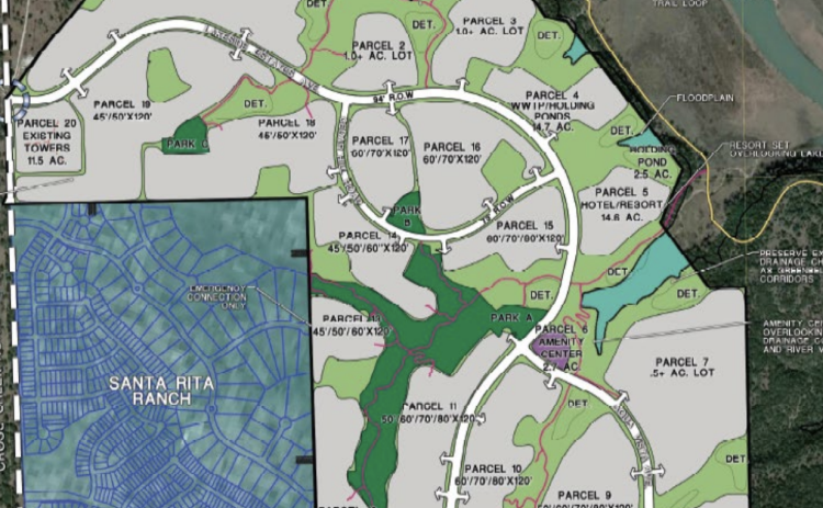 This map shows green spaces and 20 different parcels of land in the Lakeside Estates development, located north and east of Santa Rita Ranch in far west area of Georgetown’s extraterritorial jurisdiction. (Map courtesy City of Georgetown)