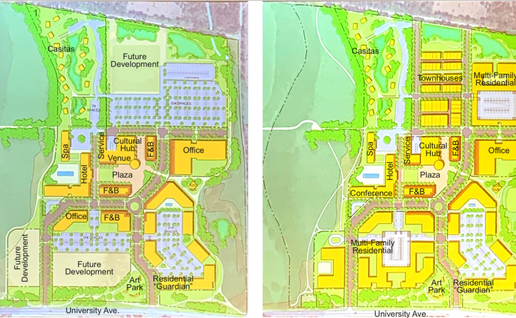 This map shown to the P&Z Commission during their September 16 meeting shows phase 1A and 1B of the first stage of development. It includes retail, office, multi-family, hotels and conference space, a cultural venue and open space.