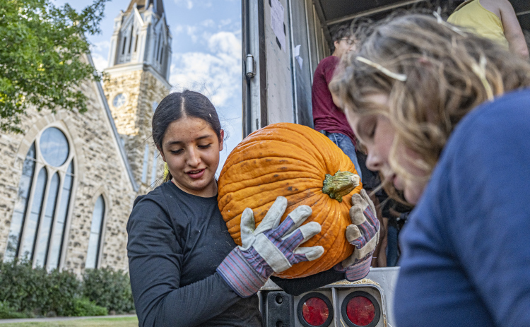 15-year-old  Valentina Sanchez was among the volunteers helping unload more than 3,000 pumpkins at Georgetown First United Methodist Church on Wednesday afternoon, October 8, 2025.