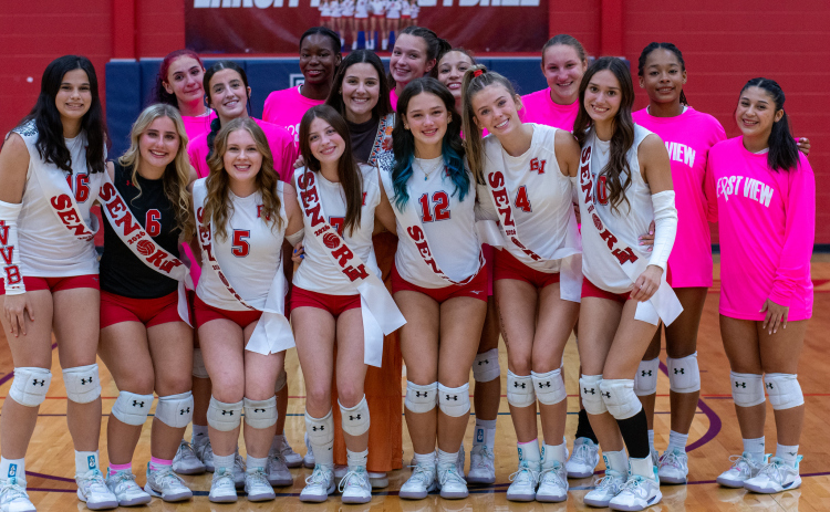 Standing in front of their teammates, the East View volleyball seniors, from left, are Sophia Dove, Liliana Vogt, Sara Dott, Maddie Dodson, Brinkley Baird, Hannah Deatherage and Kenzie Guajardo. Photos courtesy Joy Deatherage