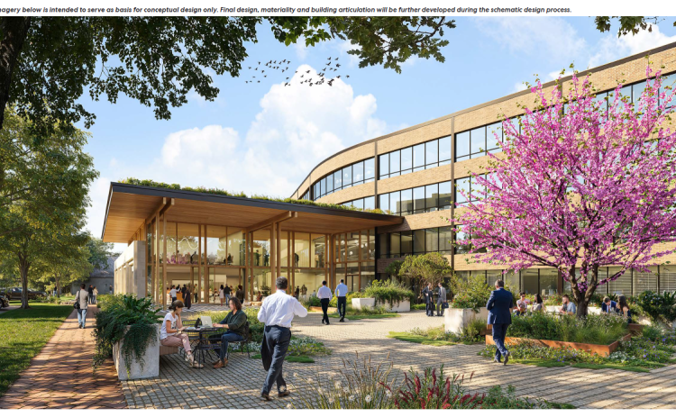 This rendering shows some of the cosmetic changes made to the outside of the original building with one of the new 10,000 square foot additions that would be added to integrate the building into the area. (Rendering courtesy Texas Municipal League)