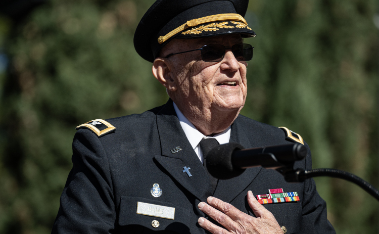 Colonel Paul F. Howe, U.S. Army Chaplain, Retired, was the Keynote Speaker during the Veterans Day observance held at the Williamson County Veterans Memorial Plaza in Sun City on Tuesday, November 11. (Photo by Andy Sharp)