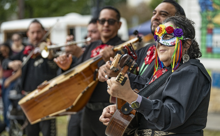 Lita Hernandez, front right, performs with Mariachi Espuelas during Georgetown’s Dia de los Muertos,  held Saturday November 1, 2025  in the South Main Arts District along 9th Street.  The event included music and dance performances throughout the day.   Photo by Andy Sharp.