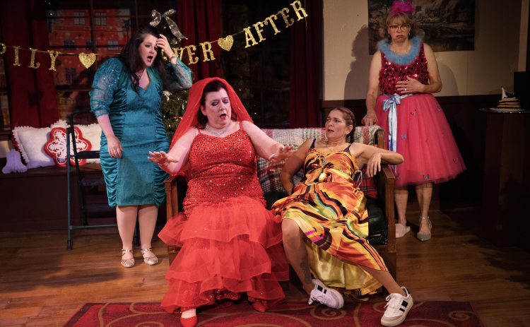 Cari Bernstein — dressed as a bride-to-be in a red dress — portrays Cuddles and Honey Raye. Photos by Lindsey Brisbine