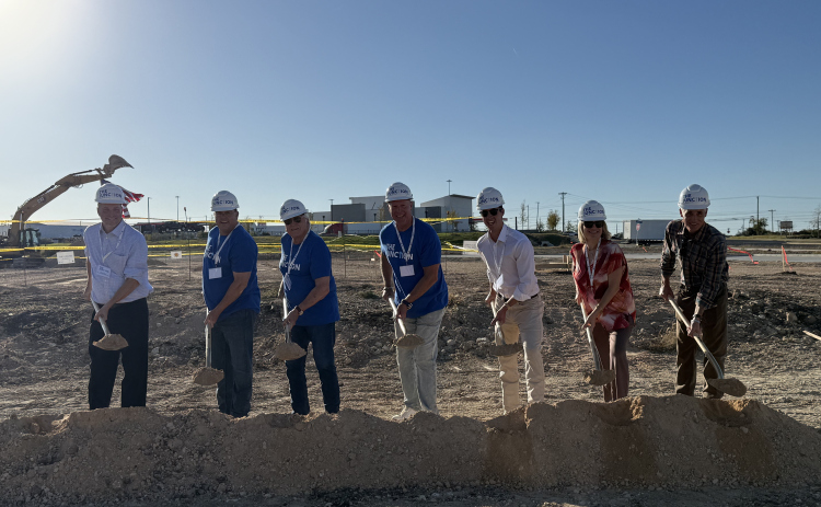 The Junction, a future food, drink and entertainment venue, will be built at 210 Blue Springs Boulevard just east of I-35. Breaking ground on November 13, from left, are Williamson County Judge Steve Snell, property owners Drew and Gregory Hall, Matt Marshall with Cooley Capital Companies, Josh Rinn with Frost Bank, Georgetown City Council Member Amanda Parr and Mayor Josh Schroeder. Photo by Abbey Archer