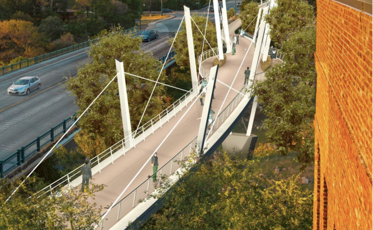 Designed by architect Miguel Rosales, Georgetown City Council selected a concept in March 2024 for two pedestrian bridges along Austin avenue. Austin engineering and planning company Freese and Nichols was then awarded a design contract to finalize plans for the amount of $2.8 million. Construction on the project has not yet started. (Rendering courtesy City of Georgetown)
