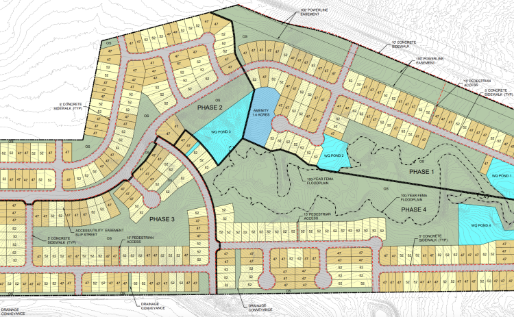 A concept plan for the Bell-Sharkey Municipal Utility District shows 395 lots east of Inner Loop and north of University Avenue, with the San Gabriel River to the north. The orange lots are 47 feet by 125 feet, and the yellow lots are 52 feet by 125 feet.
