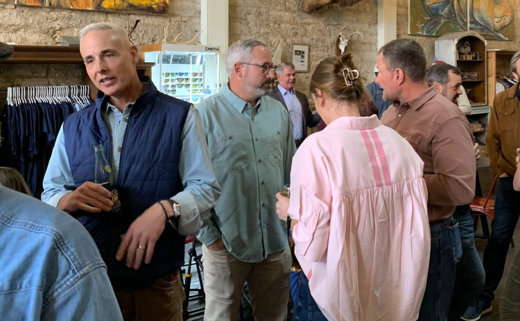 Georgetown Mayor Josh Schroeder, left, held an event at Mesquite Creek Outfitters on Friday, February 20, to show appreciation for supporting his terms as mayor. (Photo by Kaitlyn Wilkes)