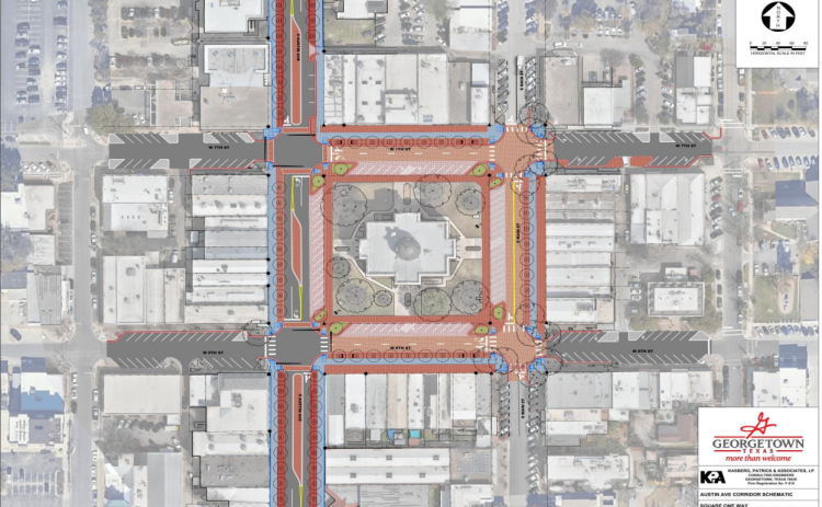 In this proposal, West Seventh and Eighth streets are converted into one-way roads between Rock and Church Streets. Traffic on Eighth would travel east, while Seventh would travel west. Additionally, parking on the Square is maintained on the courthouse side of the road, while the existing parking in front of businesses is replaced by a widened pedestrian area. Dedicated turn lanes are also added at the Austin Avenue intersections with Seventh and Eighth. (Schematics courtesy KPA Engineers)