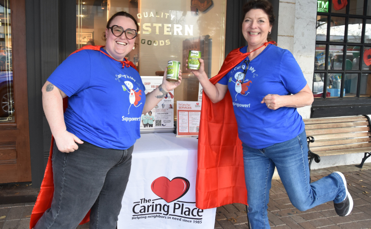 The Caring Place’s Hana Horick and Rita Turner pose in their super capes and with a can of green beans, representing the nonprofit’s food program. The Caring Place also provides rent, mortgage and utility assistance; clothing, housewares and furniture; laundry services; medical and transportation assistance; elder care; and case management help. Learn more at www.caringplacetx.org.