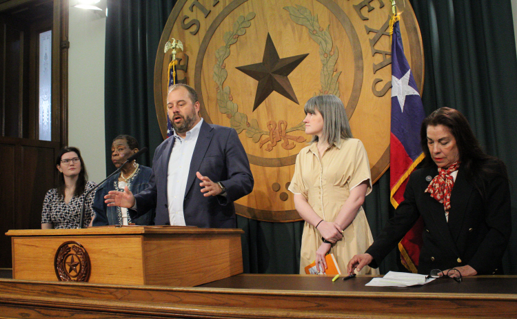 State Representative John Bucy, D-Austin, of House District 136, (center) announces his bill that would give political parties the right to conduct their own elections on April 8 at the Capitol in Austin. He is joined by representatives of nonpartisan organizations that are in support of the bill: the National Association for the Advancement of Colored People Texas, Common Cause Texas and United Latin American Citizens. Photo by Nalani Nuylan.