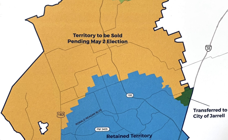This map shows which parts of the water territory would be sold to NUI, which parts would be sold to surrounding cities, and which parts the City of Georgetown would keep. (Map Courtesy City of Georgetown)