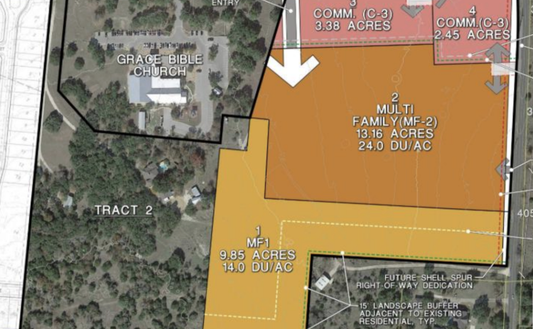 An initial plan for the NOVA mixed-use project — which spans two tracts of land — shows C3 commercial zoning along Shell Road, as well as high- and low-density multi-family. However, the commercial zoning was changed to C1 and the residential was changed to all low-density multi-family with a maximum of 10 units per acre after a city council vote April 14. This plan shows tract one. (Courtesy City of Georgetown)