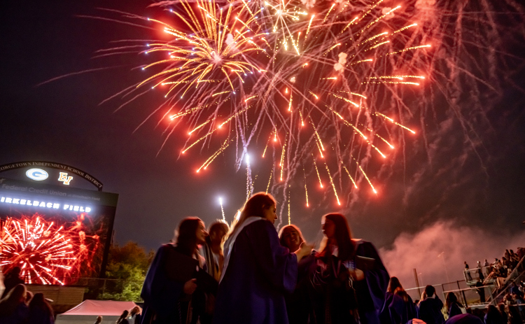 A fireworks finale closes  the 2026 Georgetown High School commencement, held Friday, May 22, 2026 at Birkelbach Stadium.  484 students received their diplomas on this evening.     Photo by Andy Sharp.