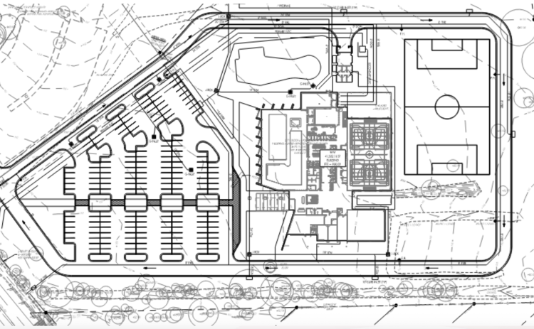 A schematic for the Georgetown YMCA shows an overhead view of the parking lot, the building and the outside courts and pools that will be a part of the two-story building. (Rendering courtesy City of Georgetown)