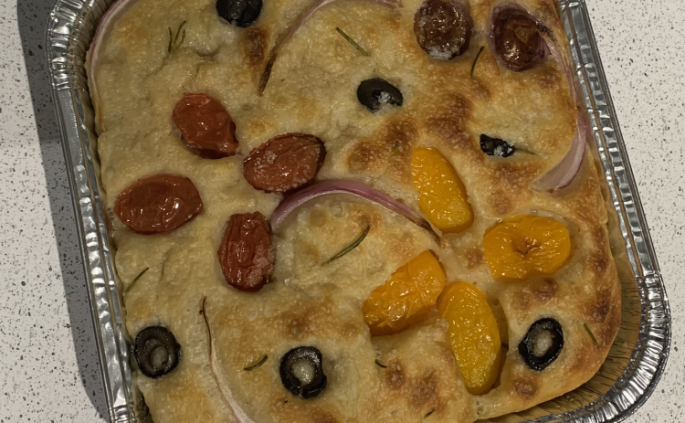 Sourdough focaccia bread made during a Extension Office class seen before and after being baked.