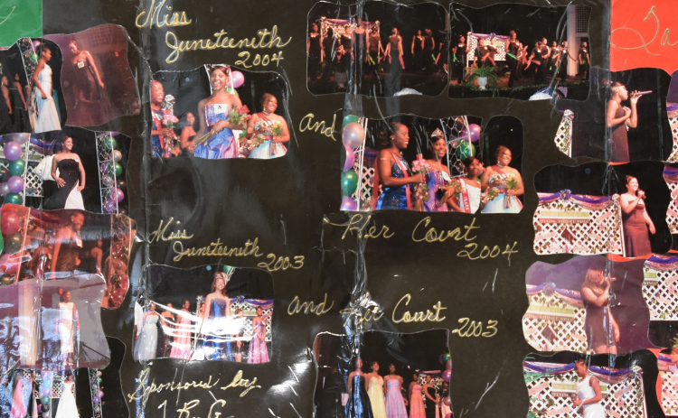 A preserved banner shows the 2003 and 2004 Miss Juneteenth winners.  Banner courtesy Patricia Bailey