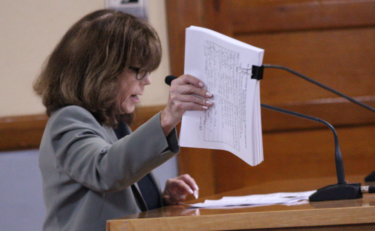 Sun City resident Shanon Reed holds up 1,320 signatures from Sun City residents to potion the Somerset Hills Road District No. 4 during the June 16 Commissioners Court meeting. Photo by Nalani Nuylan.
