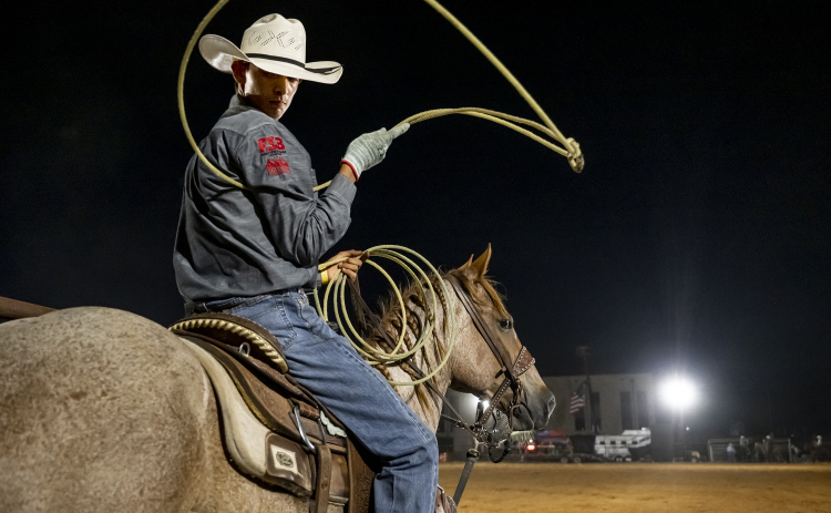 Zane Guerra of Jourdanton, Texas prepares to take part in Team Roping  during the Williamson County Sheriff’s Posse Rodeo on Friday, June 27, 2025. (Sun Archive)