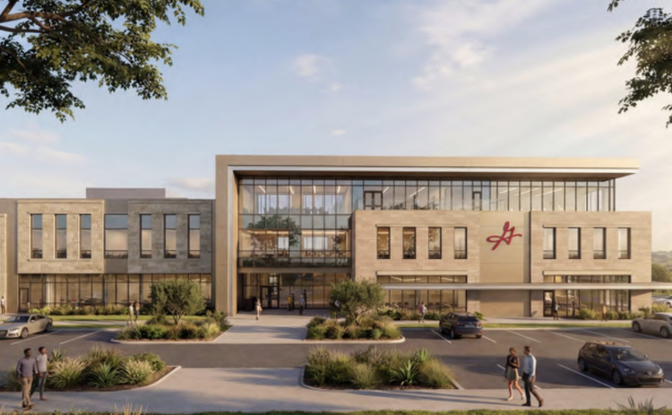 The outside of the building  showcases the city’s logo and use of glass to let in natural light. (Rendering by MarmonMok Architecture)