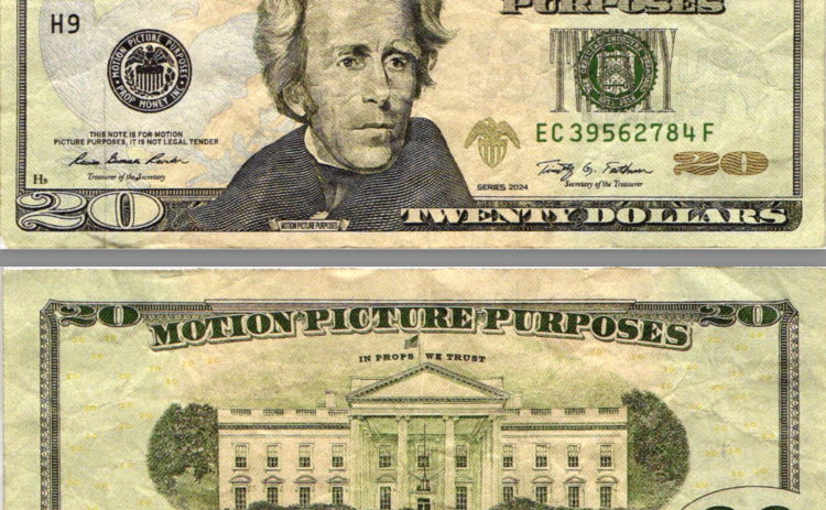 This appears to be a $20 bill, but text on the front and back states that it’s for motion picture purposes only, indicating that it’s fake and of no monetary value. Fake or prop money like this has been circulating in town. (Courtesy First Texas Bank)