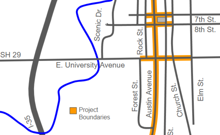 A map shows the project boundaries for proposed Austin Avenue improvements through downtown Georgetown.