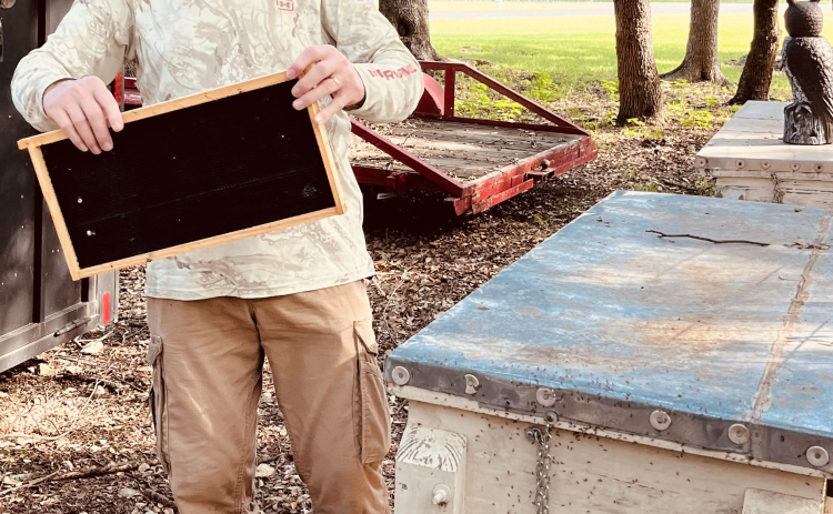 Poppers Shoppe owner Jim Ray holds a bee tray in his back yard.